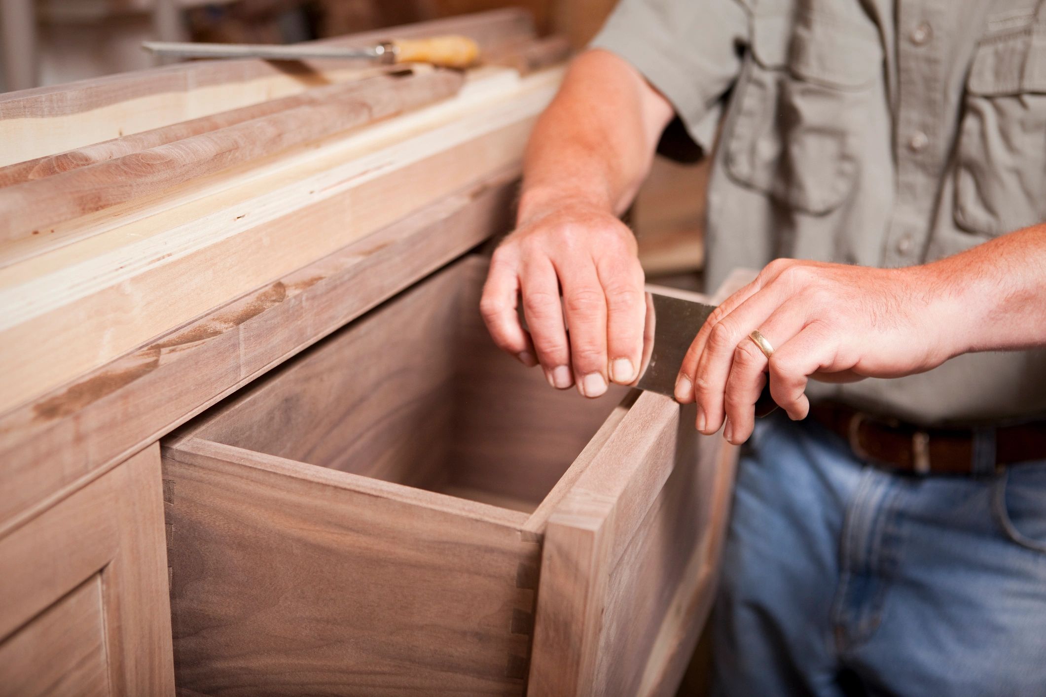 Handcrafted wooden desk in a workshop
